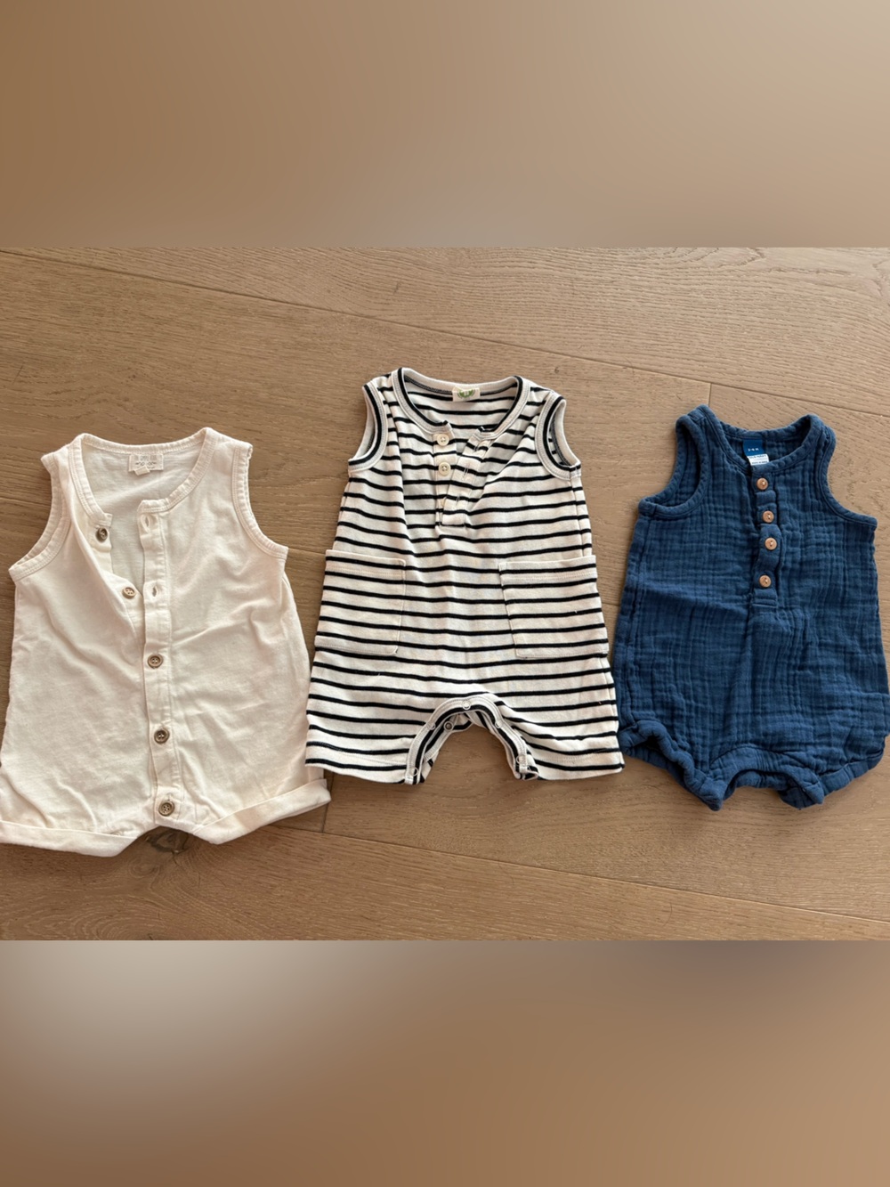 3x Infant Sleeveless Cotton Romper - White, Stripe, Navy, Sz 3-6